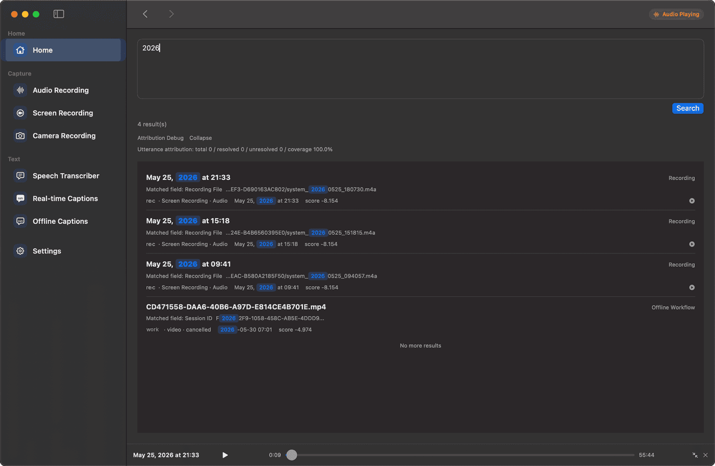 Caption caption and recording history search results
