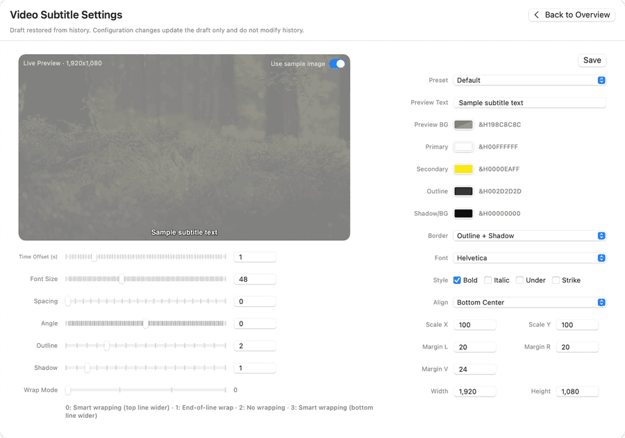Caption video subtitle style settings and preview